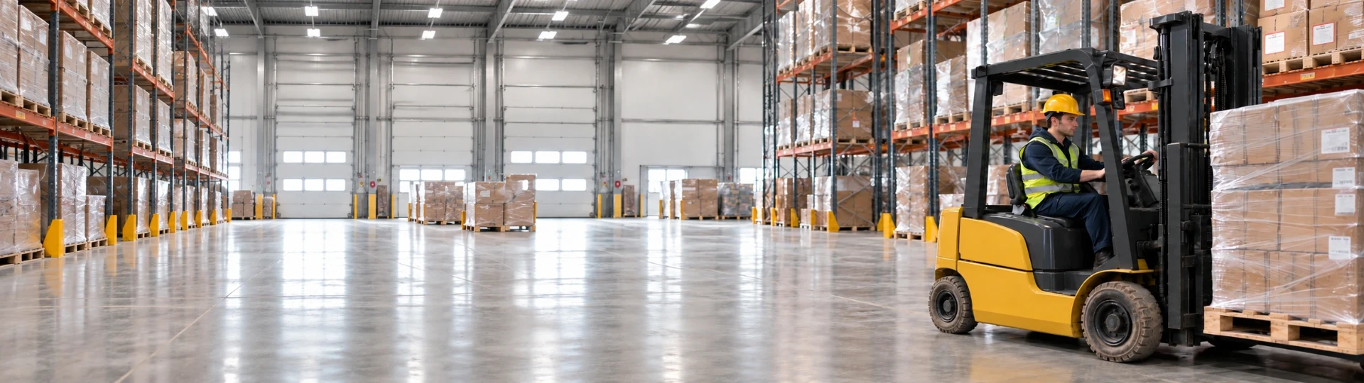 A forklift operator in a hard hat and hi-vis driving a forklift in a warehouse aisle
