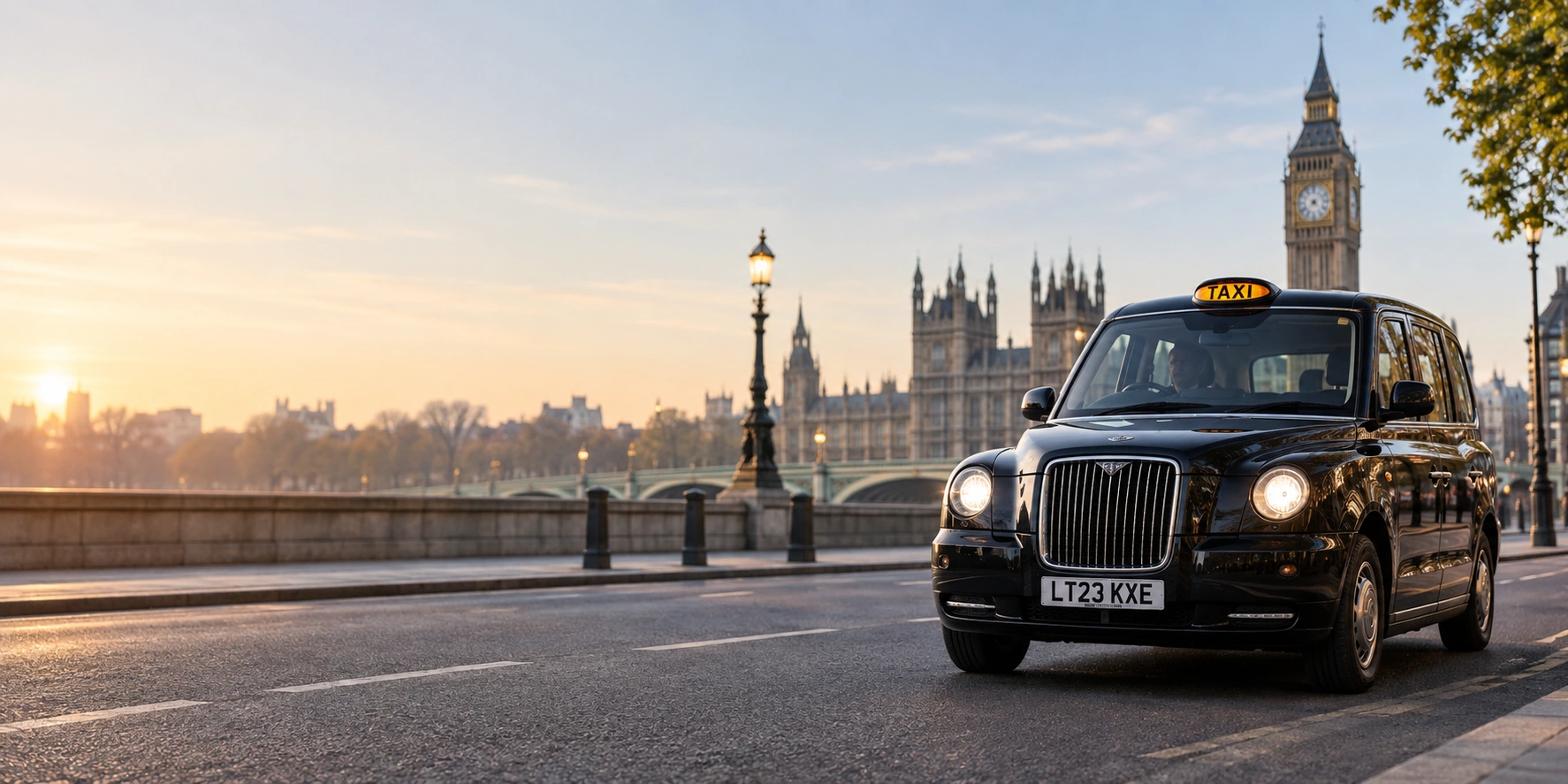 A London black cab on the road at dawn