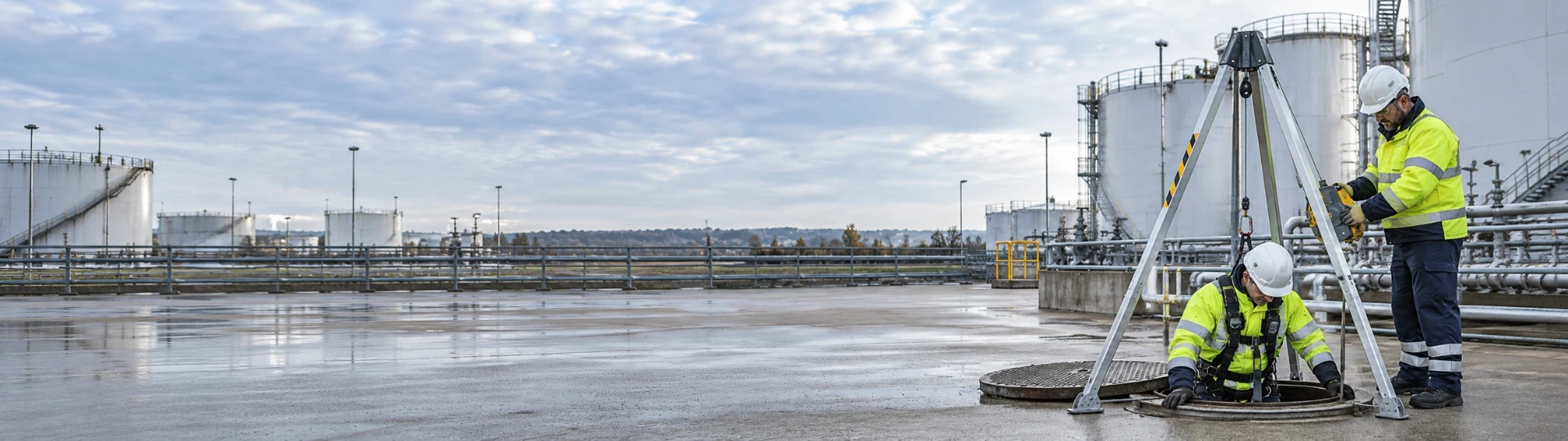 Two workers in harnesses at a tripod over a confined space entry on a tank farm