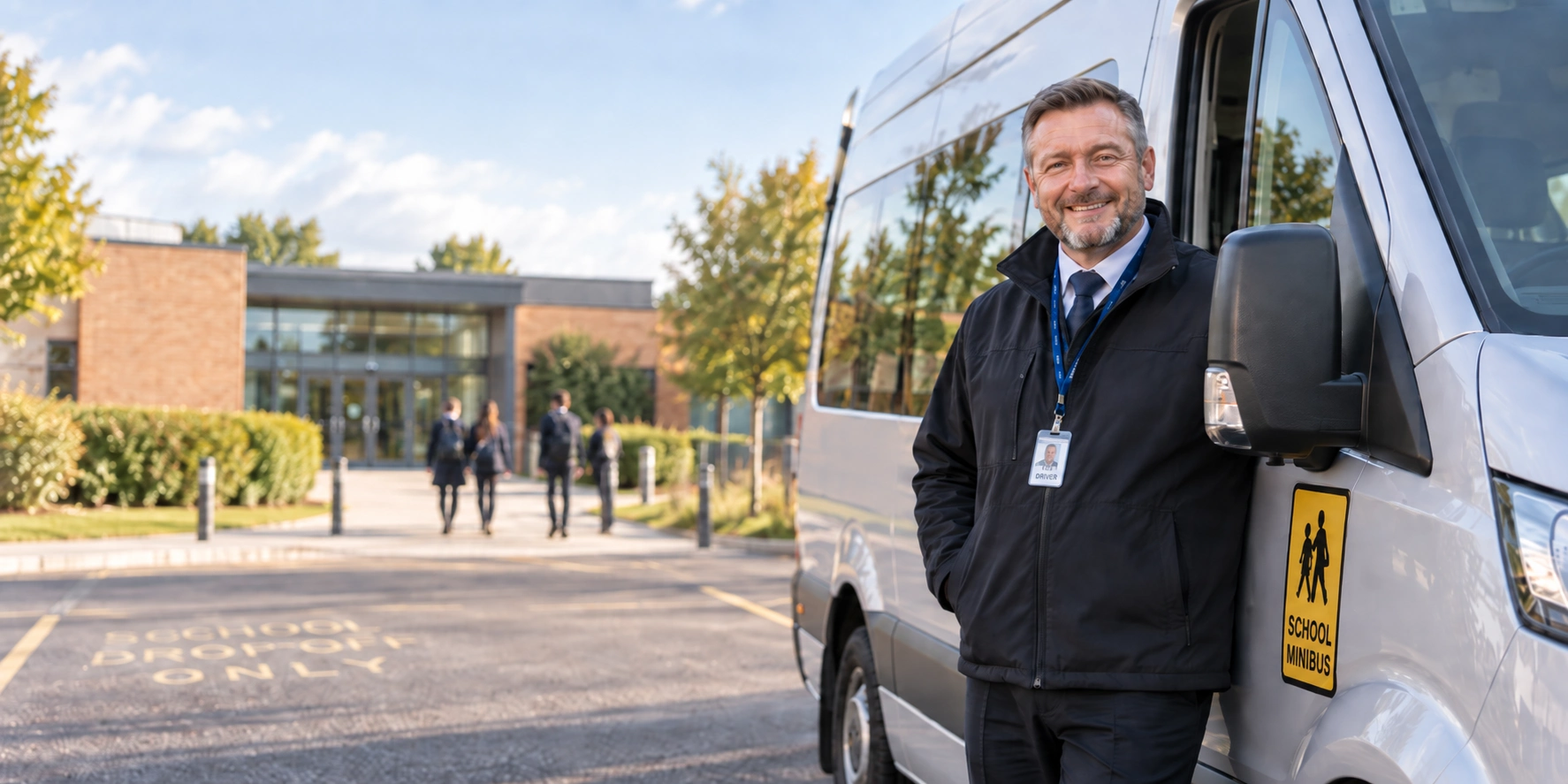 A school minibus driver standing beside the minibus outside a school